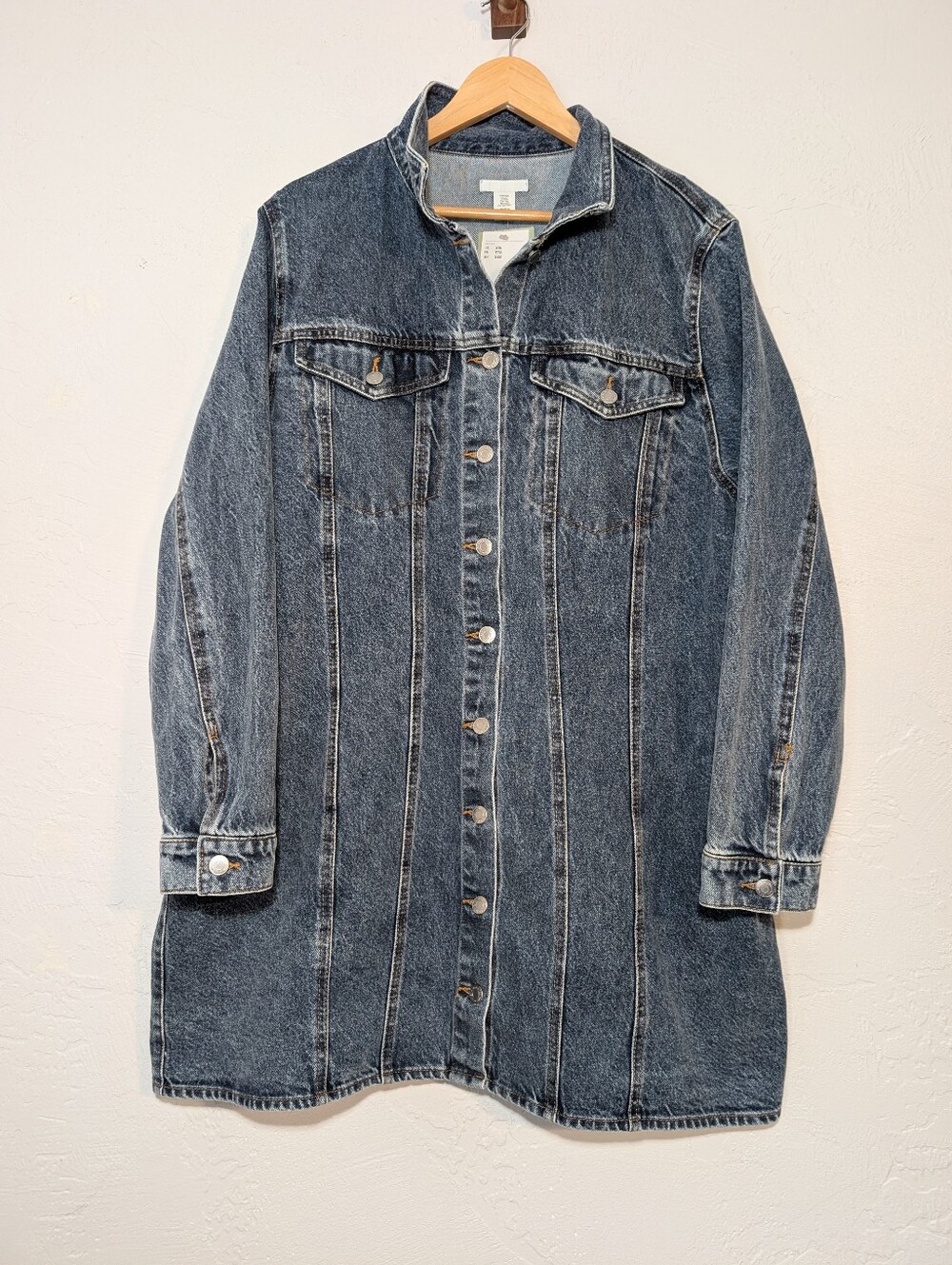 H&M Button-Front Long Denim Jean Utility Jacket Minimalist Oversized Capsule